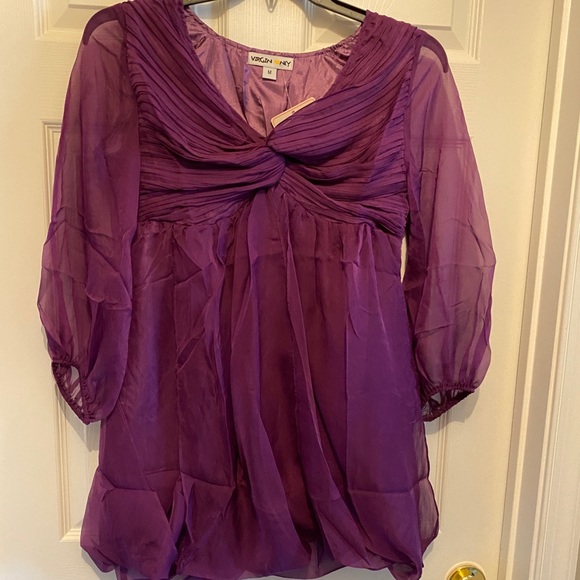 Chiffon Baby Doll Bubble Hem Mini Dress 3/4 Puff Sleeve in Purple NWT MED - Picture 16 of 16